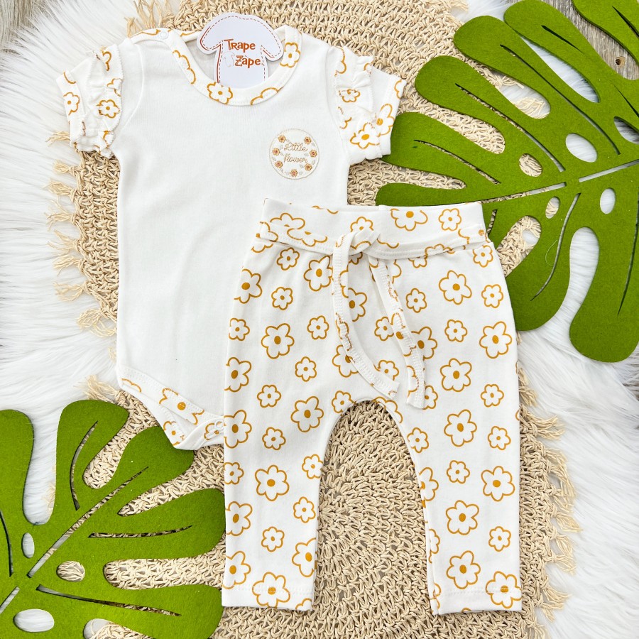 Conj. Body Little Flower e Calça Floral - Off White e Mostarda
